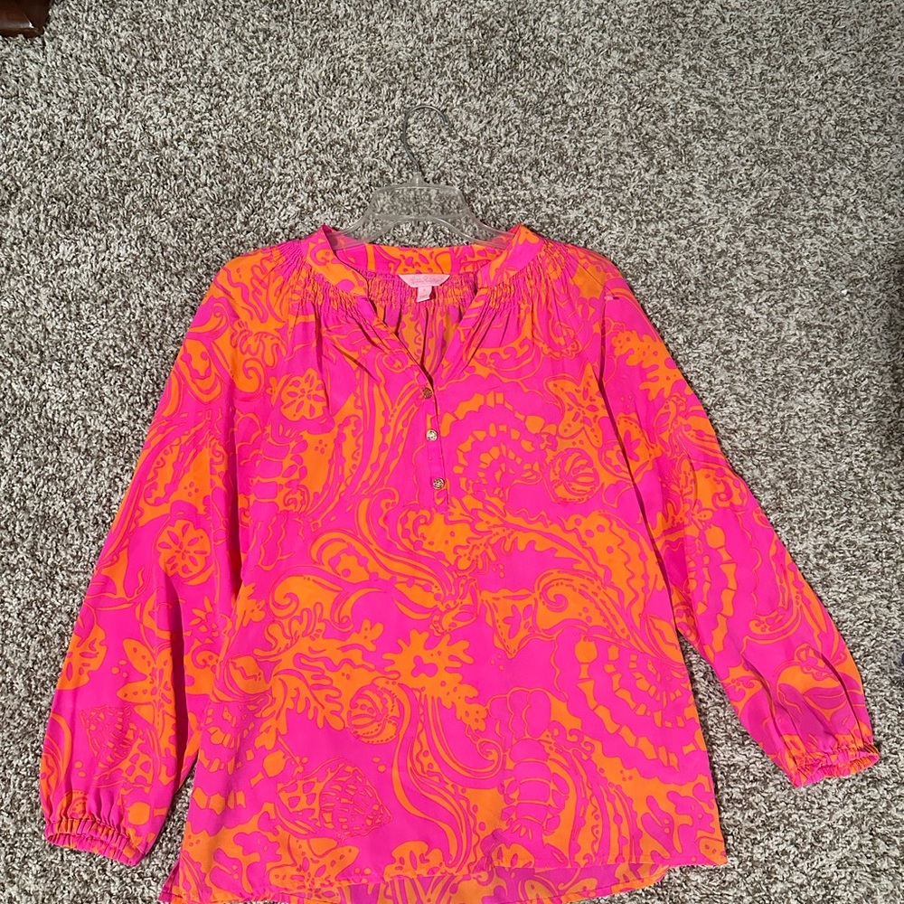 Lilly Pulitzer Pink and Orange Graphic Blouse with Mandarin Collar
